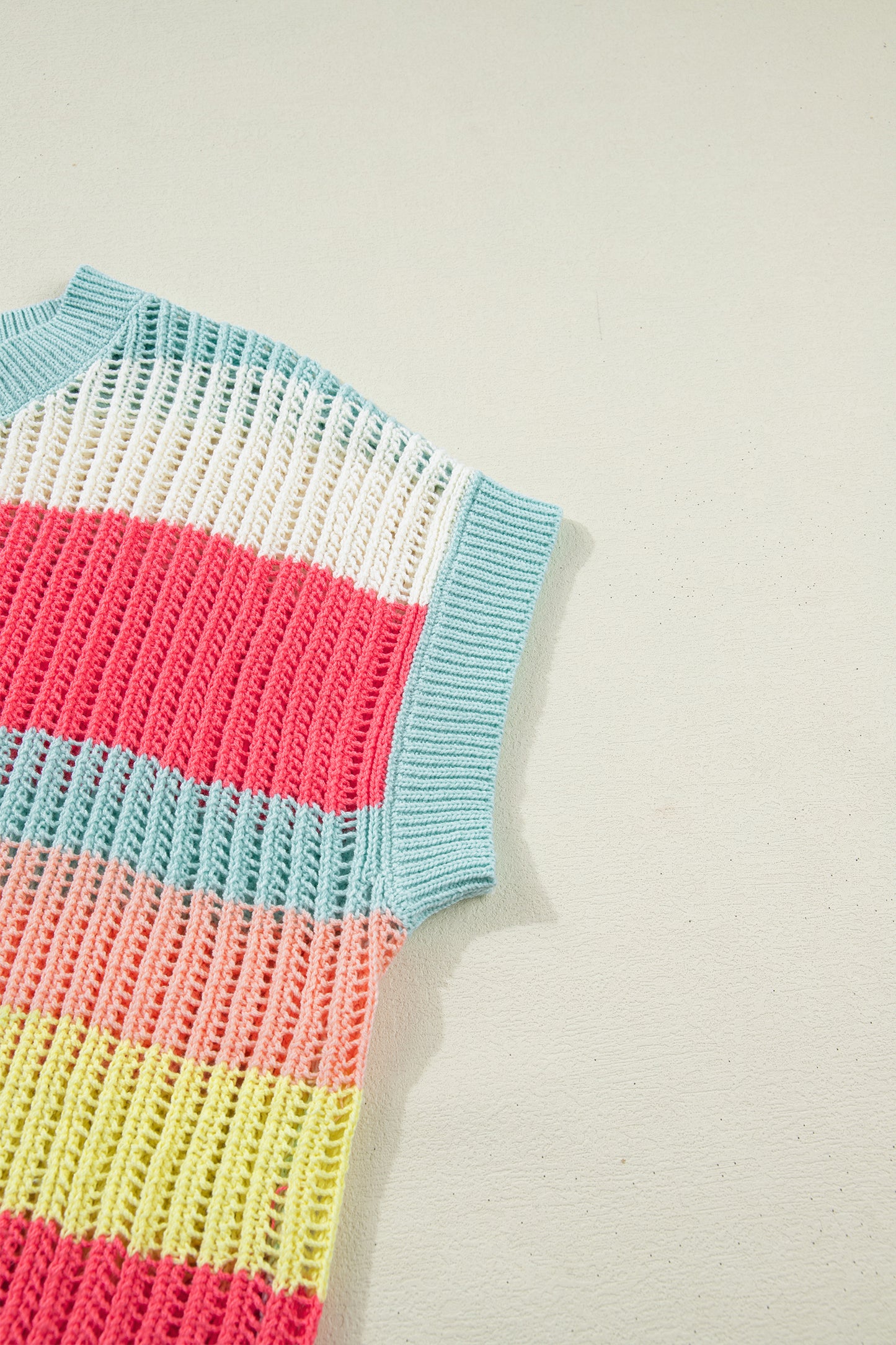 Green Stripe Color Block Hollow Out Knit Short Sleeve Sweater