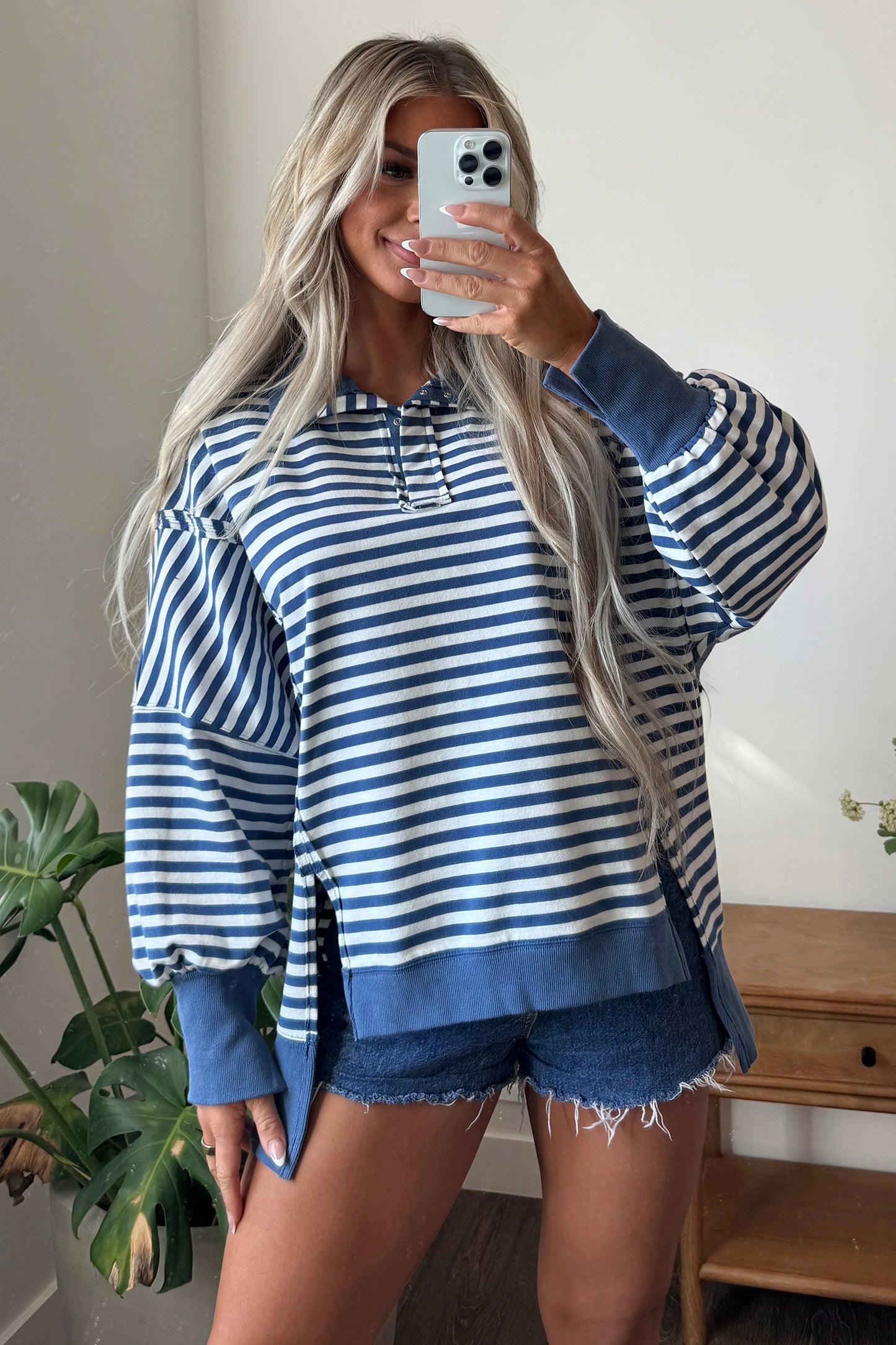 Brown Stripe Color Block Trim Raw Seam Split Hem Loose Pullover Sweatshirt