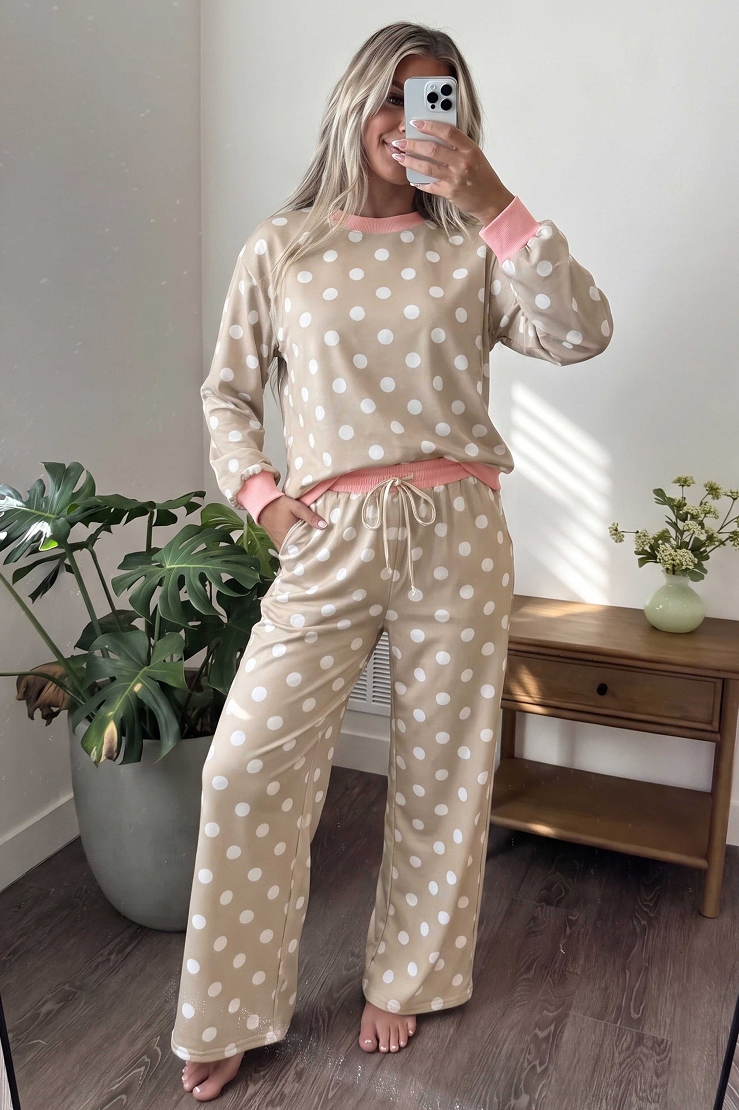 Sky Blue Polka Dot Contrast Trim Long Sleeve Top Drawstring Shift Pants Set