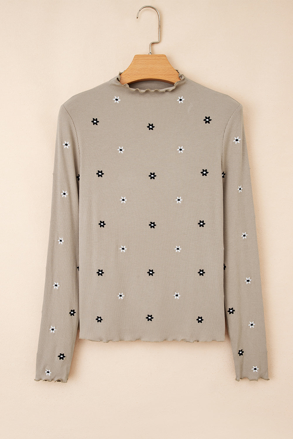 Jet Stream Floral Embroidered Detail Ribbed Long Sleeve Top
