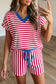 Pink Stripe Colorblock Trim V Neck Tee Drawstring Elastic Waist Short Set