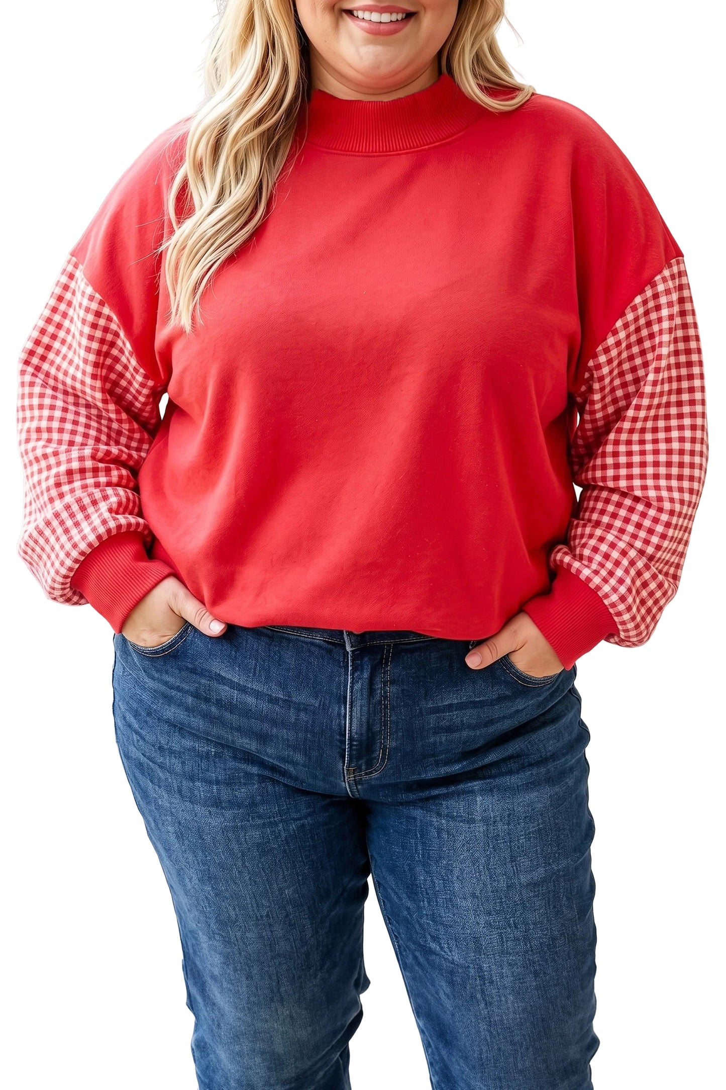 Russet Orange Patchwork Plaid Loose Fit Long Sleeve Plus Size Sweatshirt
