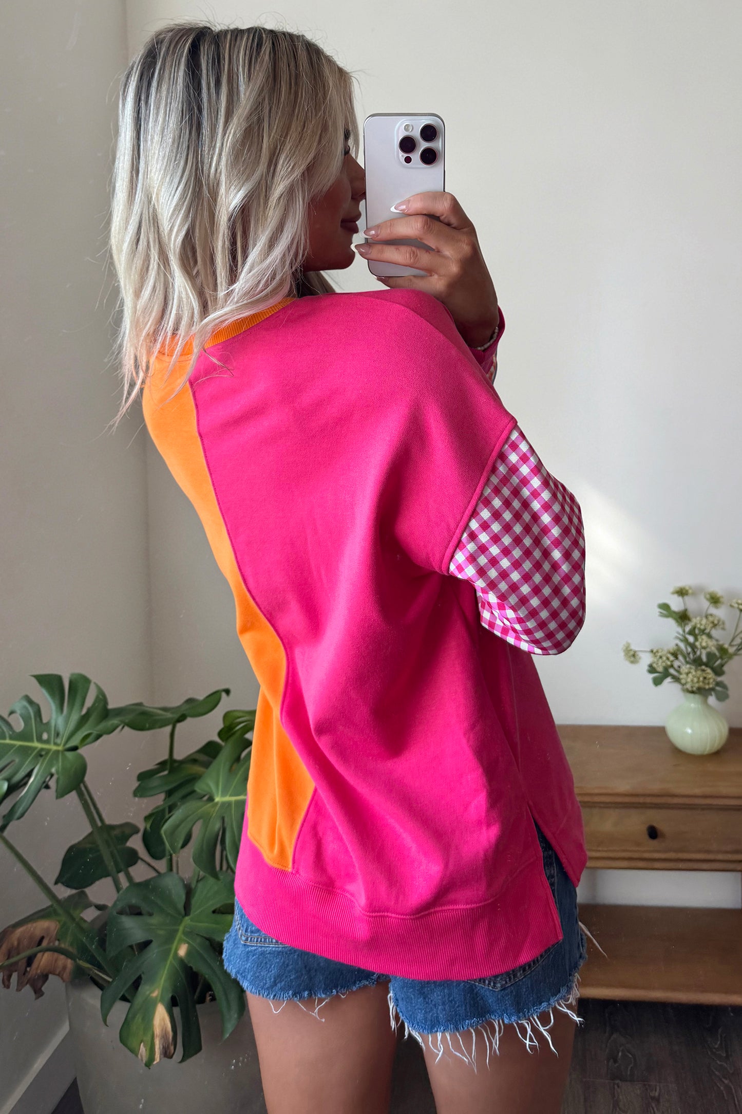 Light Blue Colorblock Gingham Sleeve Crewneck Sweatshirt