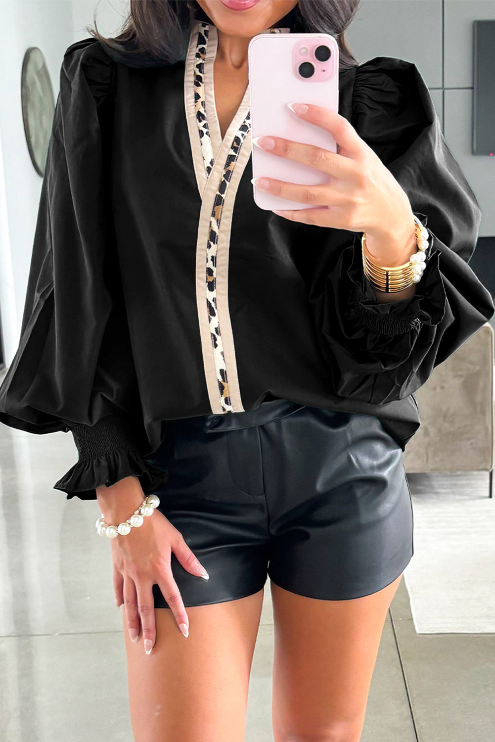 Evergreen Puffy Flounce Sleeve Leopard Trim V Neck Blouse