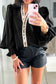 Evergreen Puffy Flounce Sleeve Leopard Trim V Neck Blouse