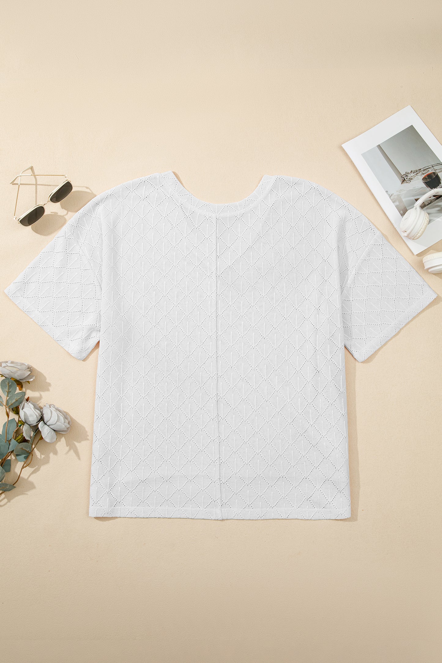 Golden Fleece Pointelle Rhombus Knit Plus Size V Neck Loose Top