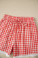 Red Gingham Plaid Tie Elastic Waist Lace Patchwork Hem Casual Shorts