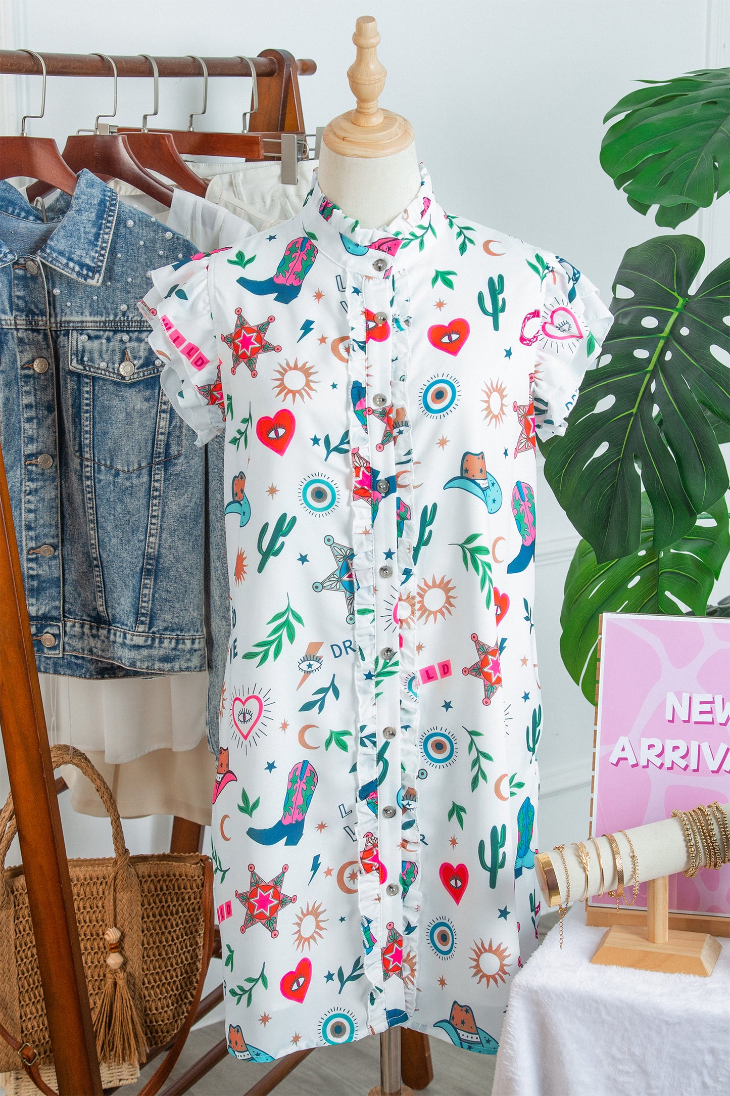White Western Print Flutter Sleeve Button Down Mini Dress
