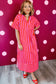 Red Stripe V Neck Cuffed Sleeve Relaxed Split Midi Dress