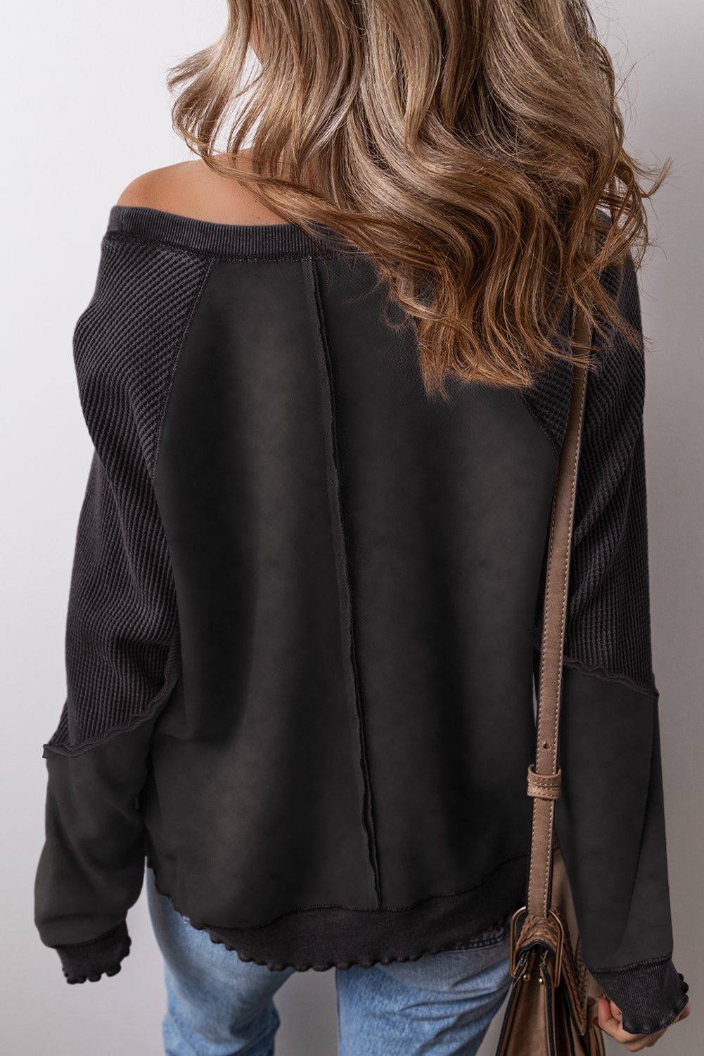 Light Grey Solid Waffle Knit Patchwork Raglan Sleeve Sweatshirt
