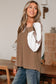 Dark Khaki Twisted Ribbed Leopard Lace Contrast Patchwork Long Sleeve Top