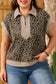 Beige Ribbed Patchwork Collar Cuffed Sleeve Leopard Plus Top