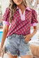 Red Contrast Collared V Neck Ricrac Trim Short Puff Sleeve Flower Blouse