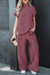 Dark Grey Twisted Ribbed High Neck Loose Tee Elastic High Waist Loose Pant Set