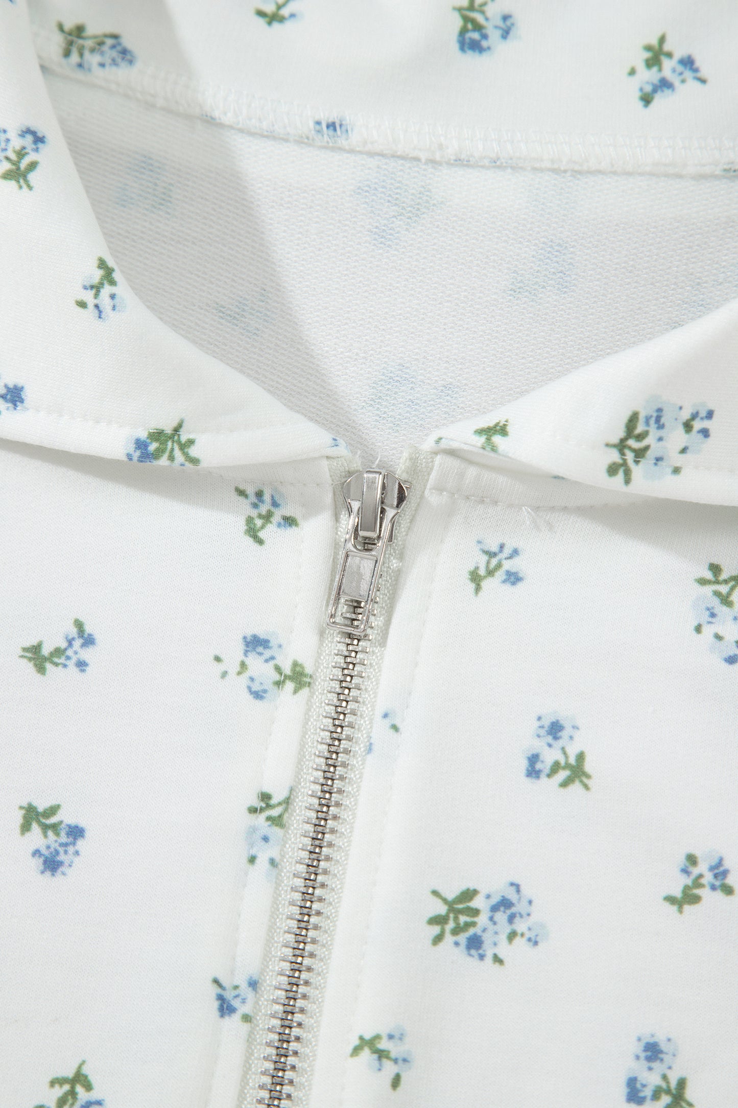 White Floral Print Half Zip Top Matching Short Set