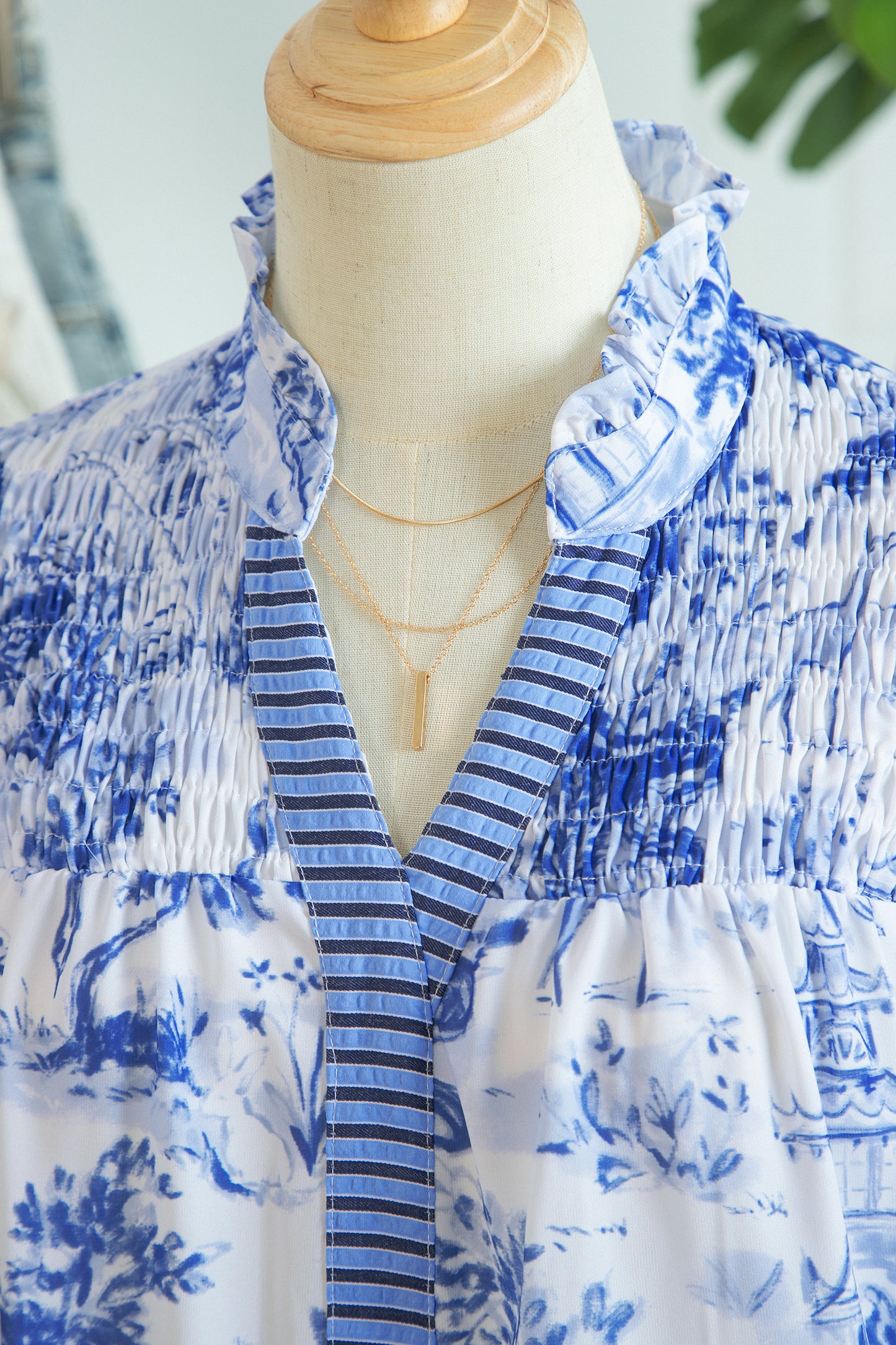Blue Wild Animal Paradise Striped Detail V Neck Blouse