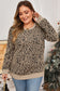 Khaki Leopard Textured Ribbed Trim Plus Size Long Sleeve Top