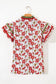 Pink Floral Print Contrast Trim V Neck Double Ruffled Short Sleeve Blouse