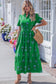 White Floral Print Split Neck Shirred High Waist Ruffle Hem Maxi Dress
