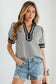 Black Stripe Collared Split Neck Short Bubble Sleeve Blouse