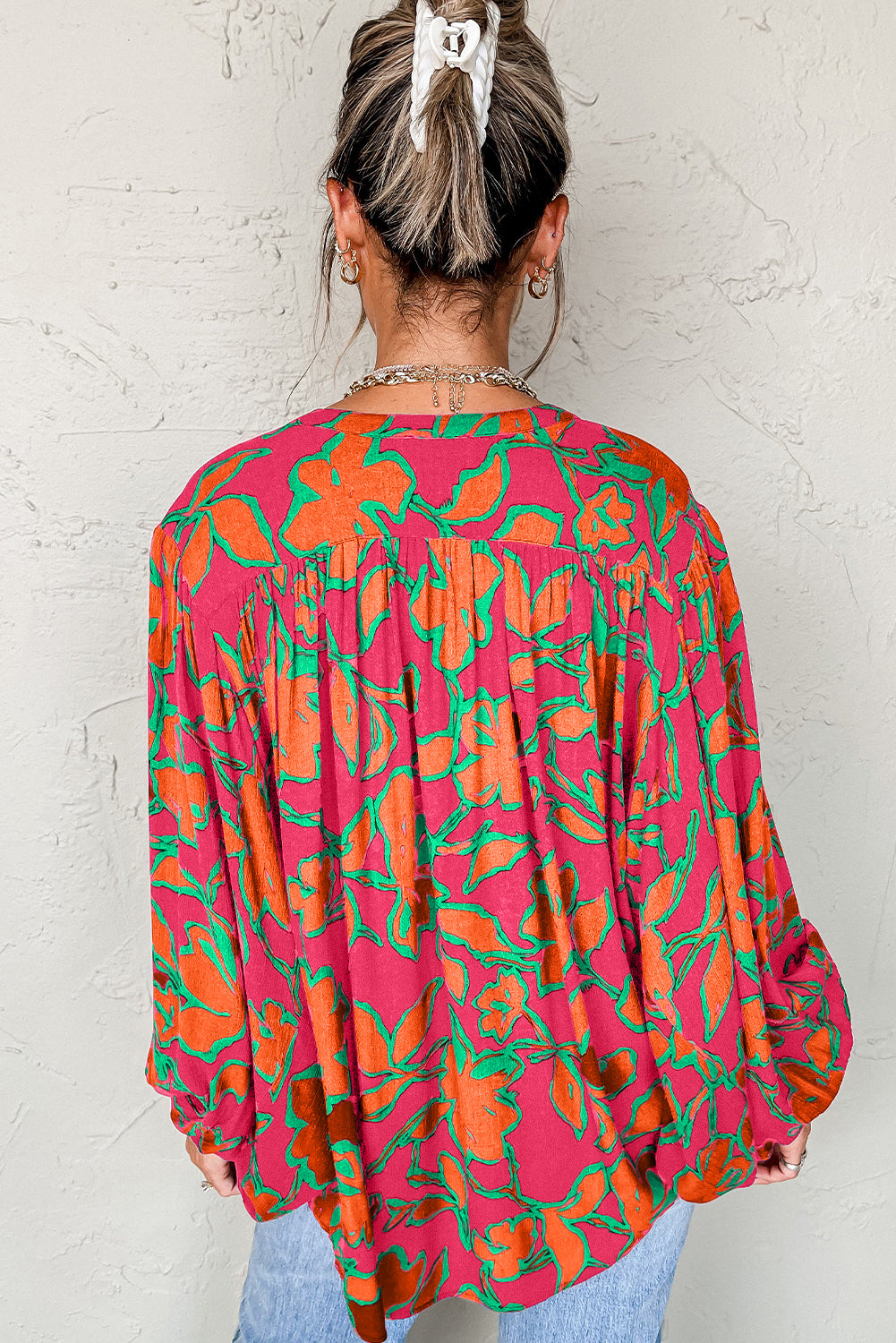 Gray Morn Floral Print Batwing Sleeve Buttoned Loose Fit Shirt