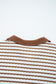 Khaki Stripe Plus Size Collared V Neck Loose Pullover Drawstring Elastic Waist Wide Leg Pant Set