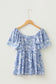 Sky Blue Floral Print Square Neck Ruffled Sleeve Shirred Babydoll Blouse