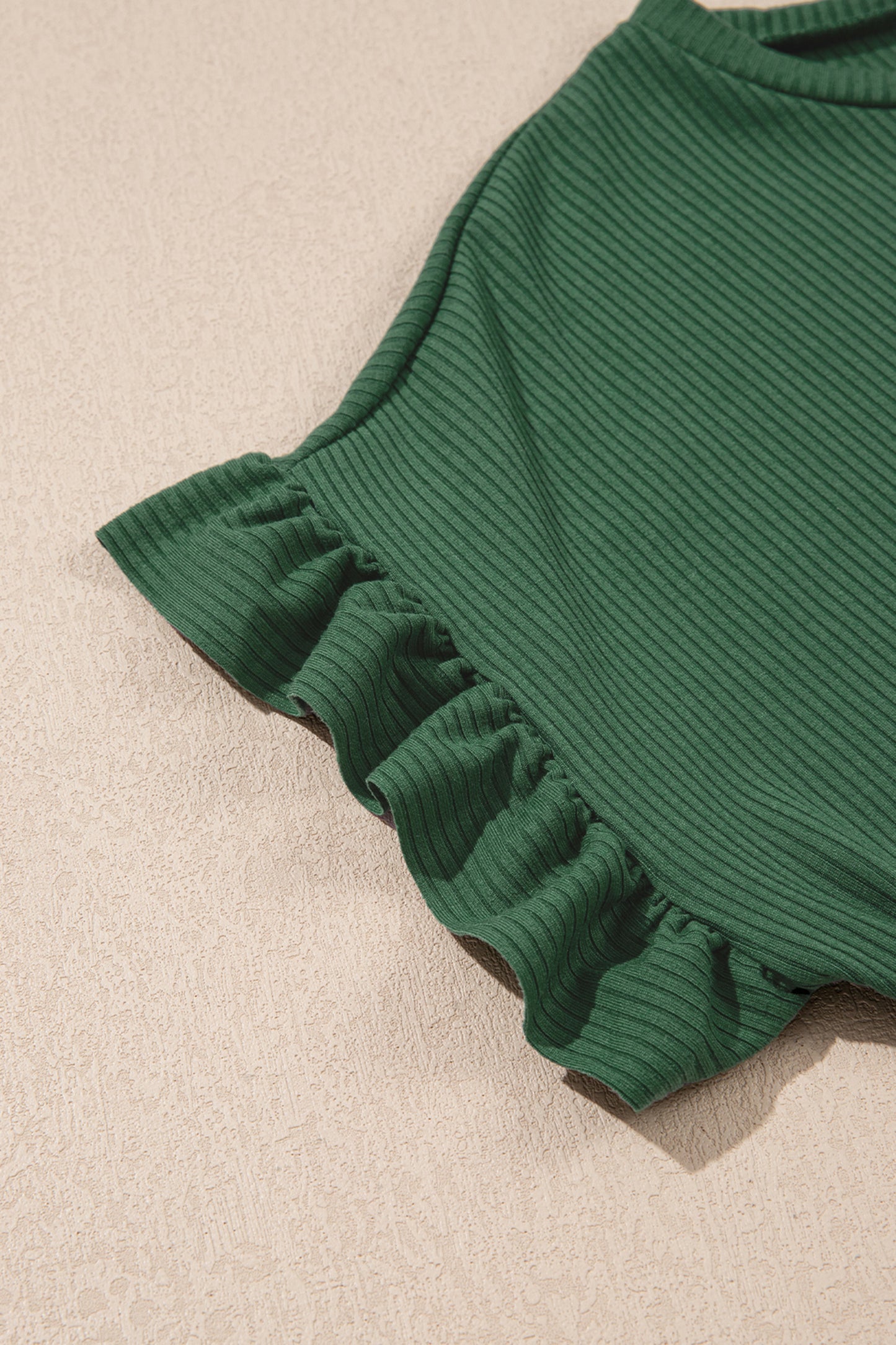 Black Solid Color Ribbed Ruffled Short Sleeve T Shirt