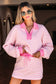 Pink Stripe Collared V Neck Drop Shoulder Pullover and Skort 2pcs Outfit