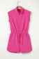Rose Red Textured Short Sleeve Half Zip Drawstring Waist Romper