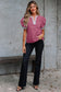 Buckskin Contrast Leopard Trim Split Neck Puff Sleeve Blouse