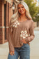 Fresh Salmon Floral Patchwork V Neck Long Sleeve T Shirt