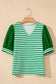 Green Stripe Puff Short Sleeve Patchwork V Neck Blouse