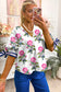 White Floral Colorblock Stripe Knot Bubble Sleeve V Neck Blouse