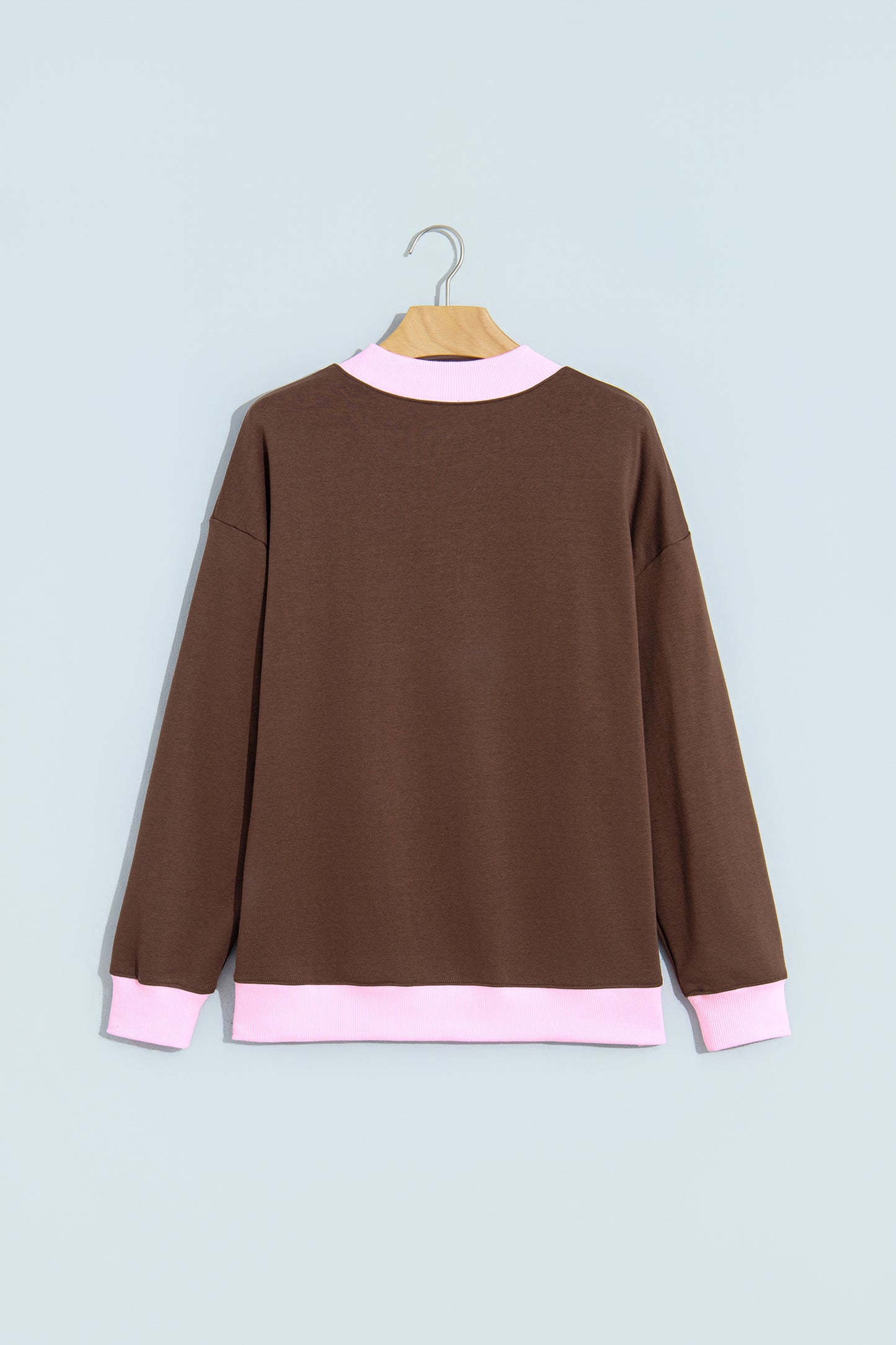 Coffee Colorblock Trim Crewneck Long Sleeve Pullover Sweatshirt