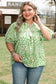 Green Plus Size Floral Tassel Tie Split Neck Puff Sleeve Blouse