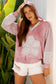 Pink Floral Patched Waffle Textured Colorblock V Neck Casual Hooded Top