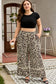 Khaki Exposed Seam Patched Pocket Plus Size Drawstring Leopard Wide Leg Pants