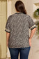 Brown Plus Size Leopard Print Striped Webbing Patchwork Half Zip Blouse