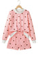 Brown Polka Dot Ribbed Trim Long Sleeve Top Casual Short Set