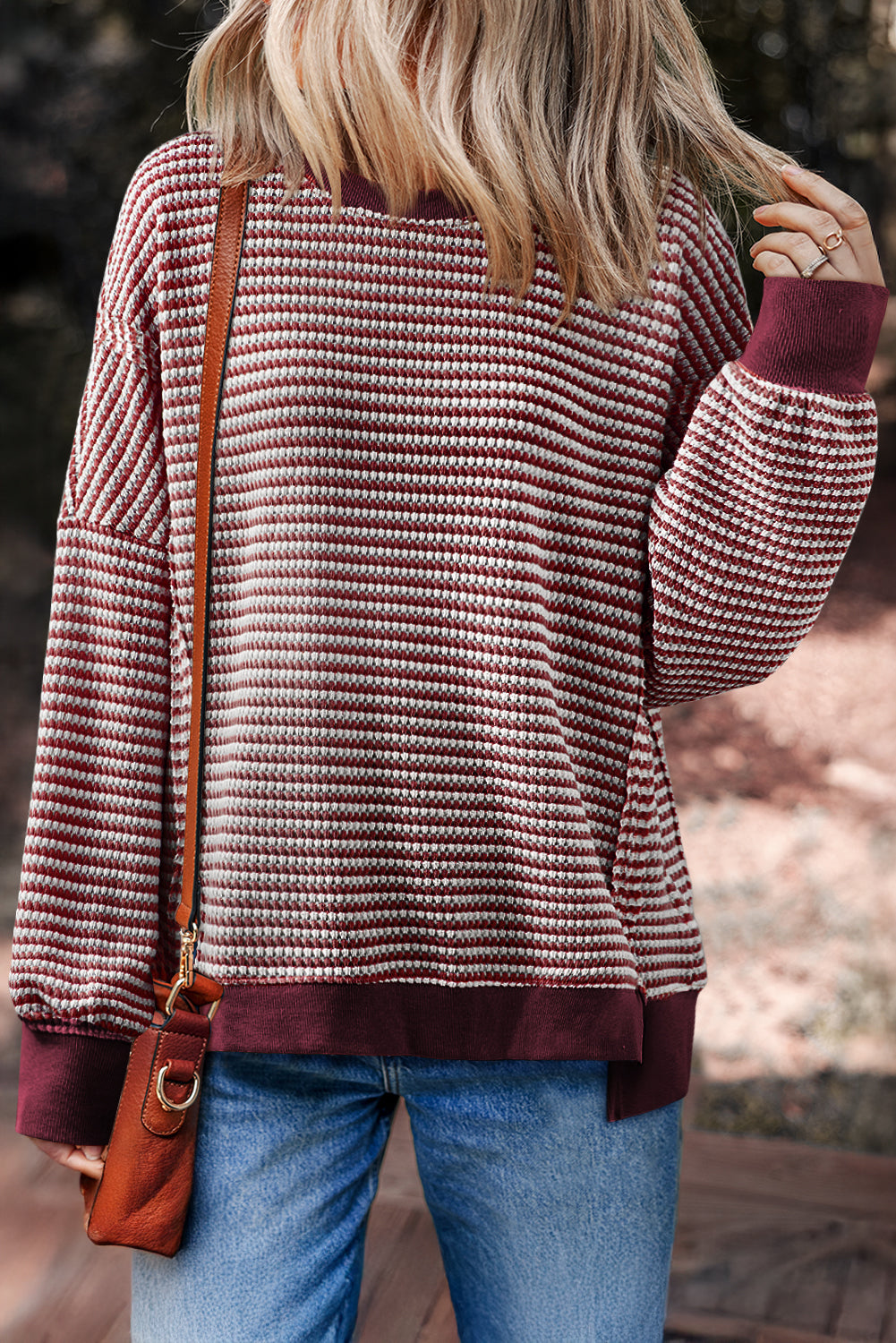 Red Stripe Ribbed Trim Drop Shoulder Long Sleeve Oversize Top