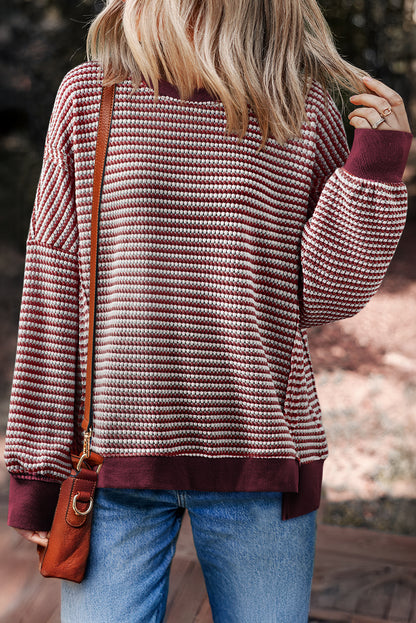 Red Stripe Ribbed Trim Drop Shoulder Long Sleeve Oversize Top