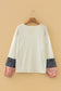 White Floral Patchwork Textured Knit Drawstring V Neck Blouse