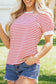 Red Stripe Contrast Trim Round Neck Short Puff Sleeve T Shirt