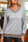 Gray Varsity Contrast Striped Trim V Neck Sweatshirt