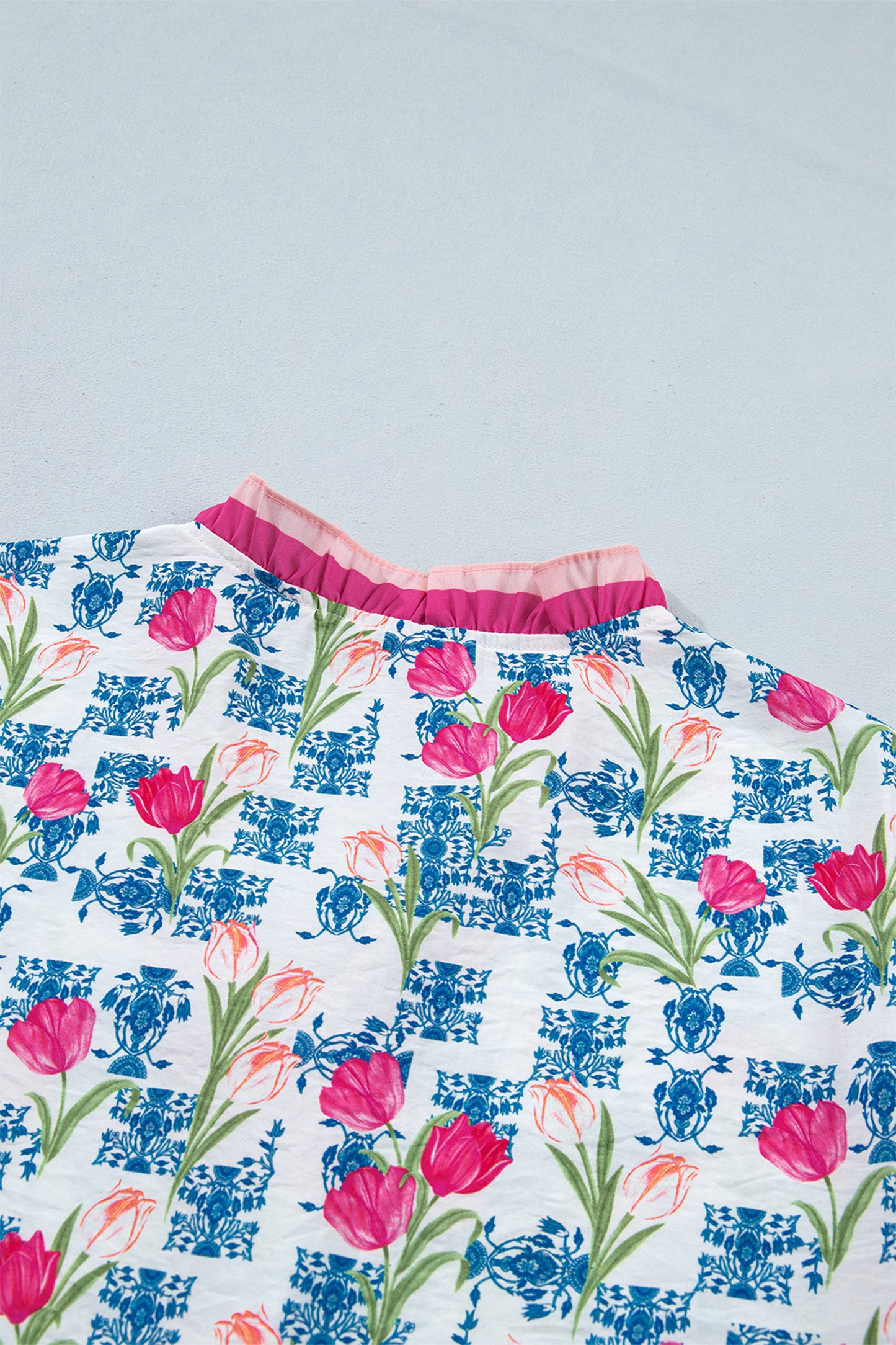 Rose Floral Print Ruffle V-Neck Short Sleeve Loose Tunic Shirt