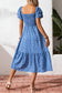 Blue Ditsy Floral Print Smocked Square Neck Ruffle Short Sleeve Dress