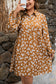 Khaki Plus Size Daisy Floral Print Button Split Neck Puff Sleeve Dress