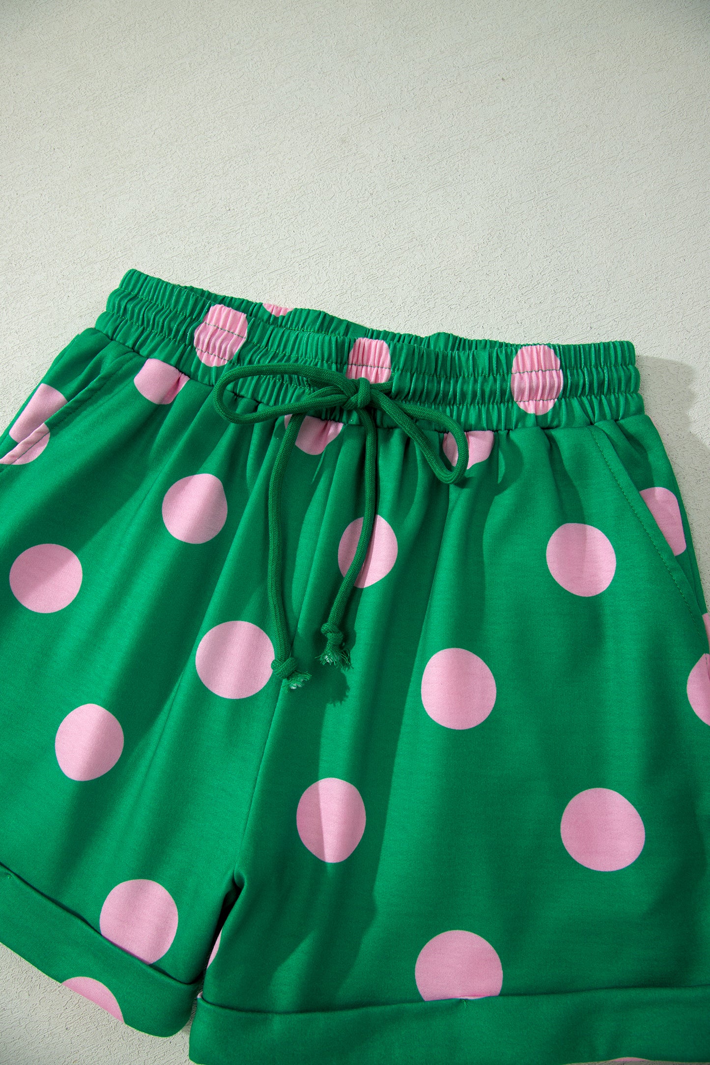 Pink Polka Dot Print V Neck Tee Short Set