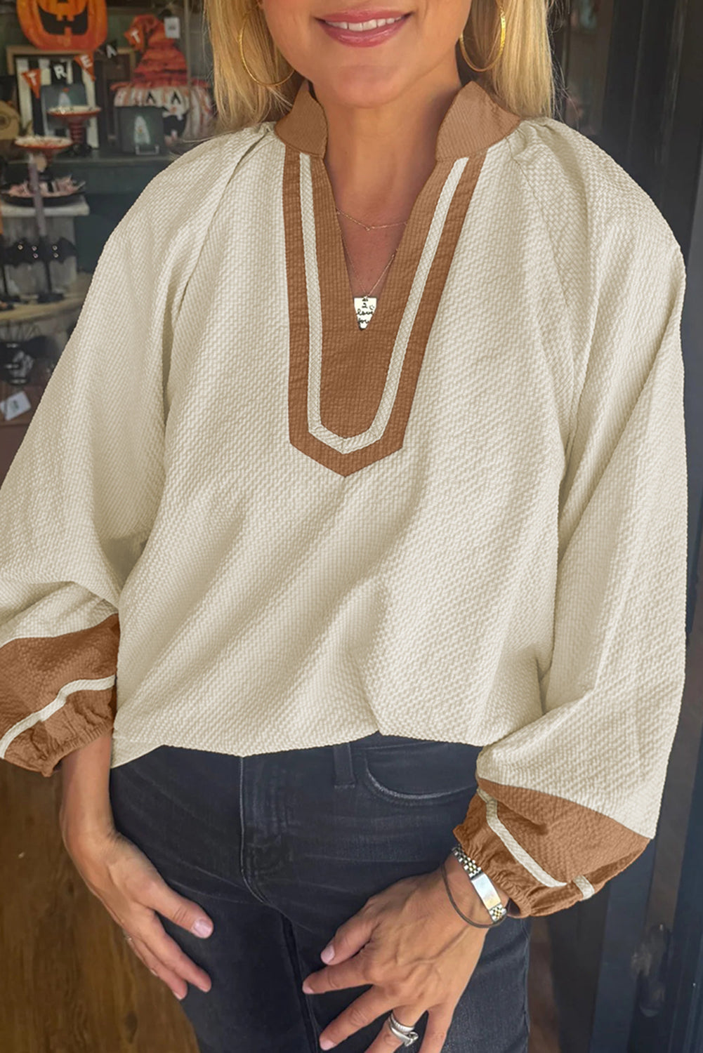 Jet Stream Color Block Patchwork Detail V Neck Textured Long Sleeve Blouse